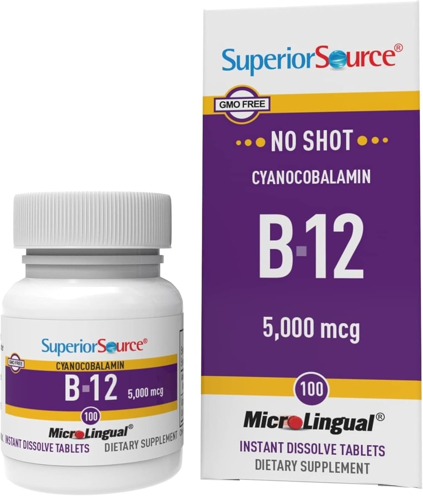 Superior Source No Shot Βιταμίνη B-12 Κυανοκοβαλαμίνη 5000 mcg - Βιταμίνη B-12 για την υποστήριξη της παραγωγής ενέργειας, της υγείας του εγκεφάλου και της συνολικής ευεξίας - Υπογλώσσια δισκία - 100 Διαλυτά δισκία