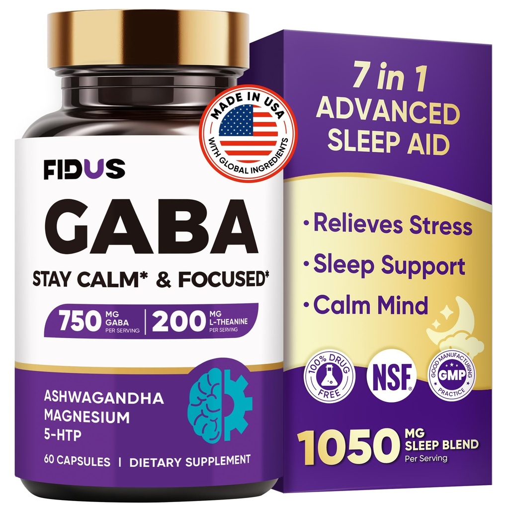 GABA L-Theanine Ashwagandha - 1050mg Blend - Made in USA - Advanced Sleep Aid & Calm- Magnesium, 5-HTP, Vitamin B6 & B12, GABA (Gamma Aminobutyric Acid) Supplement - Melatonin-Free & Non-Habit Forming