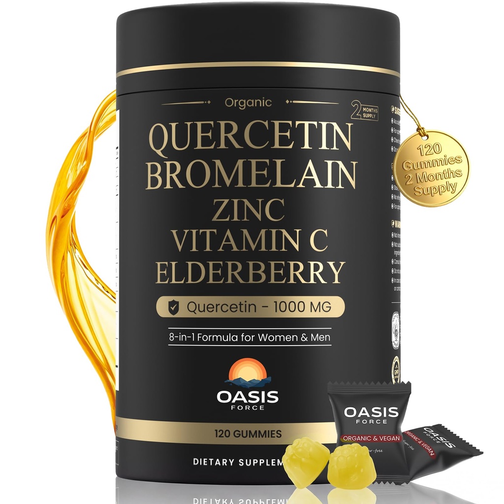 8-σε-1 Quercetin με Bromelain Gummies 1000mg, Υψηλής ισχύος οργανική Quercetin συμπλήρωμα με ψευδάργυρο & βιταμίνη C, Elderberry, εποχική ευεξία & ανοσοποιητική υποστήριξη, Vegan, Χωρίς ζάχαρη, 120 Gummies