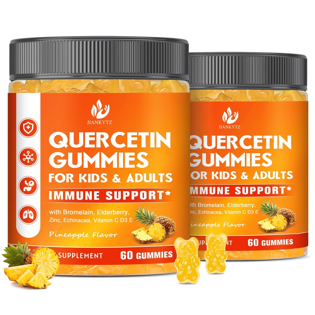 (2 Pack) Χωρίς ζάχαρη Quercetin με Bromelain Gummies για παιδιά & ενήλικες - Ανοσοποιητικό, Αντιοξειδωτικό, Εποχική Υποστήριξη, 1000mg Quercetin Συμπληρώματα με Bromelain, Ψευδάργυρο, Elderberry, Βιταμίνη C D3 E, 120 Count