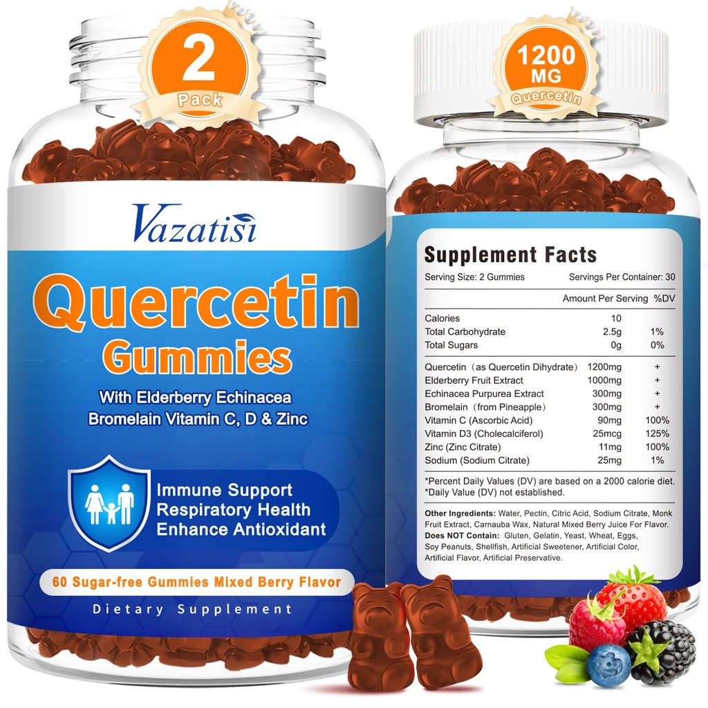 2 τεμ. Quercetin με Bromelain Gummies, Quercetin με Βιταμίνη C Ψευδάργυρος & Elderberry για το ανοσοποιητικό σύστημα & Αλλεργία, Μασώμενα & Vegan Gummies, Μικτή γεύση μούρου 120 κοχ