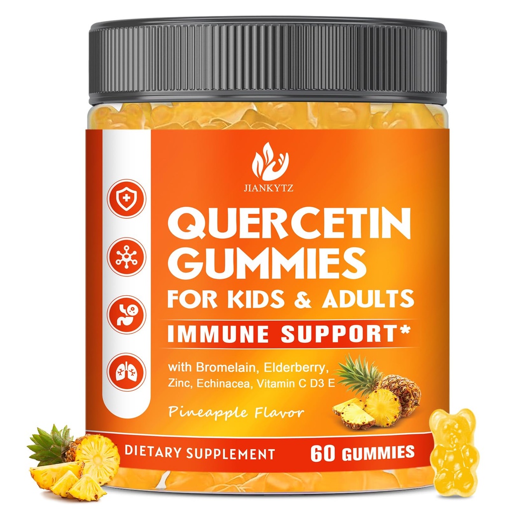 Χωρίς ζάχαρη Quercetin με Bromelain Gummies για παιδιά & ενήλικες - Ανοσοποιητικό, Αντιοξειδωτικό, Εποχική Υποστήριξη, 1000mg Quercetin Συμπληρώματα με Bromelain, Ψευδάργυρος, Elderberry, Βιταμίνη C D3 E, Vegan, 60 Count