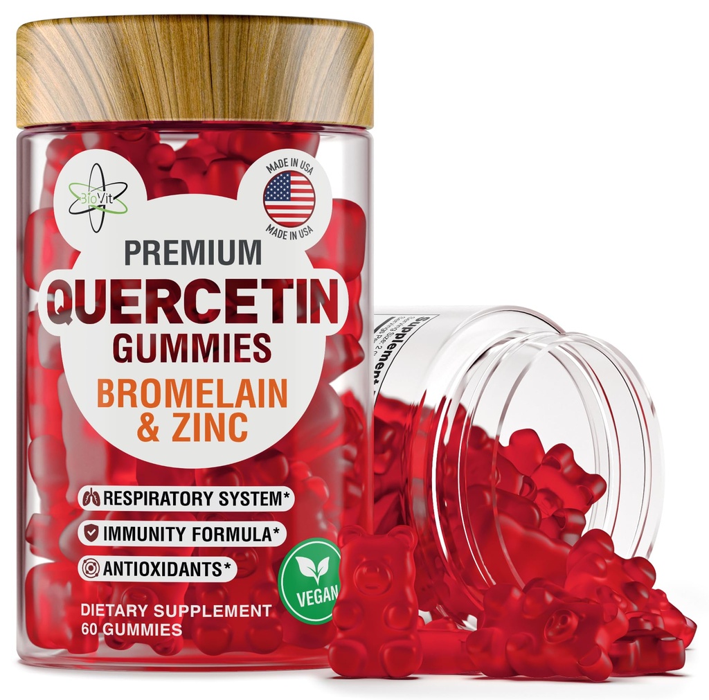 BioVit Quercetin Gummies 500MG - Ενεργοποιημένη Quercetin για Παιδιά & Ενήλικες Ανοσολογικό Σύστημα & Αλλεργία - Μασώμενο με Bromelain, Ψευδάργυρο, Βιταμίνη C, Βιταμίνη D3 - Κατασκευασμένο στις ΗΠΑ - 60 Vegan Gummy Bears