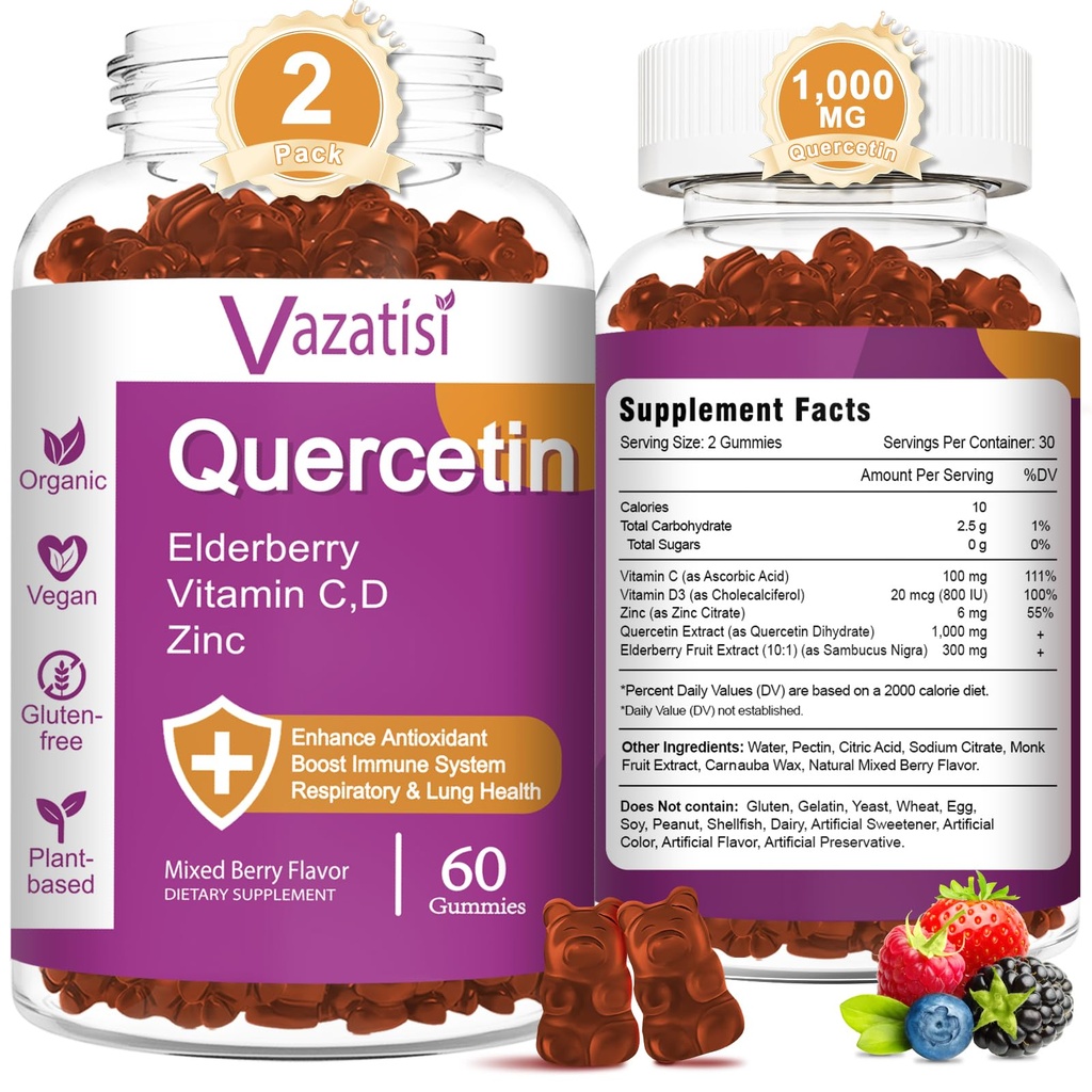 Quercetin Gummies, Quercetin με βιταμίνη C ψευδάργυρος, Bromelain, Elderberry και βιταμίνη D, ανοσοποιητική υποστήριξη Ενήλικες παιδιά, γυναίκες άνδρες 120 Gummies Μασώμενα