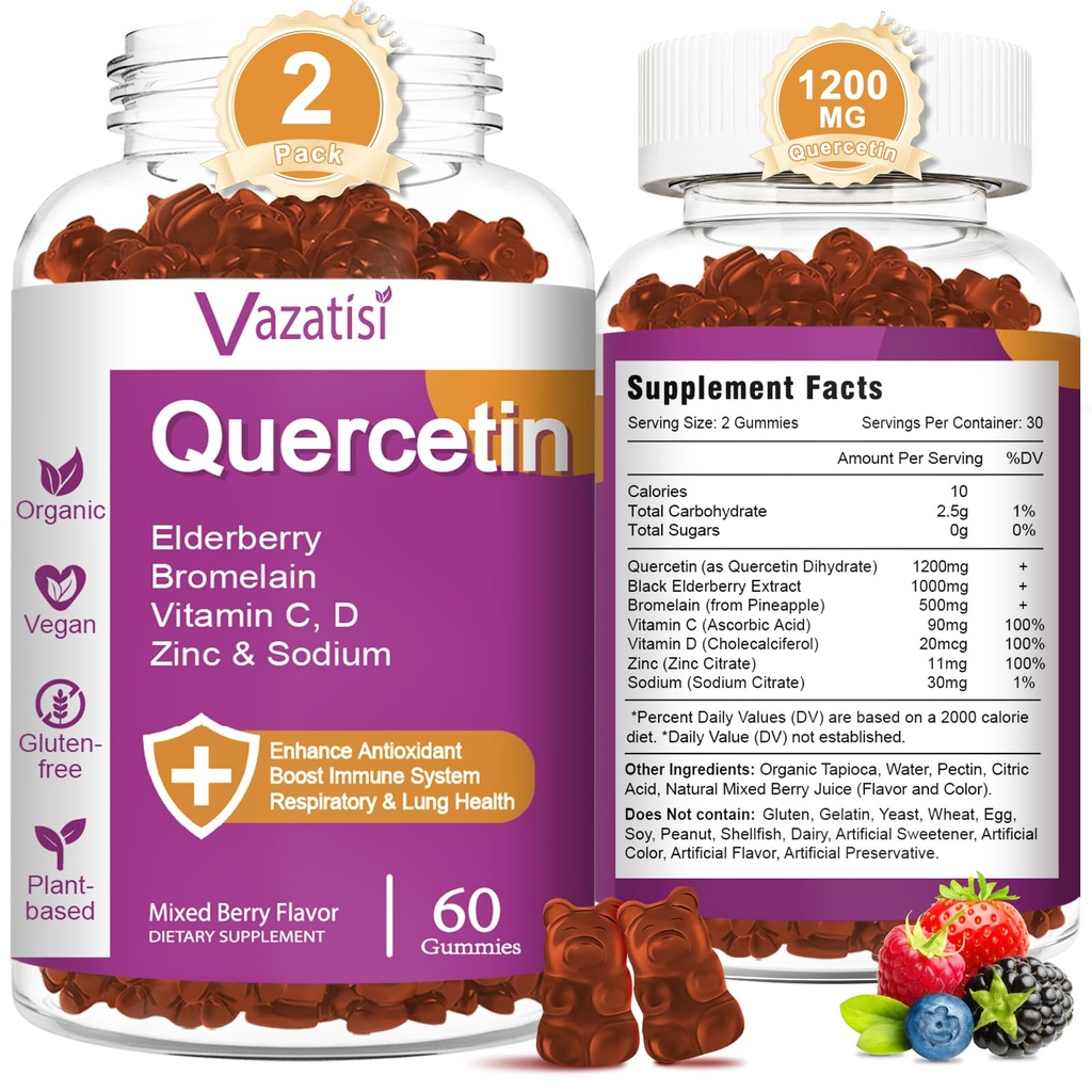 Quercetin Gummies, Quercetin with Vitamin C Zinc, Bromelain, Elderberry and Vitamin D, Immune Support Adults Kids, Women Men 120 Gummies Chewable