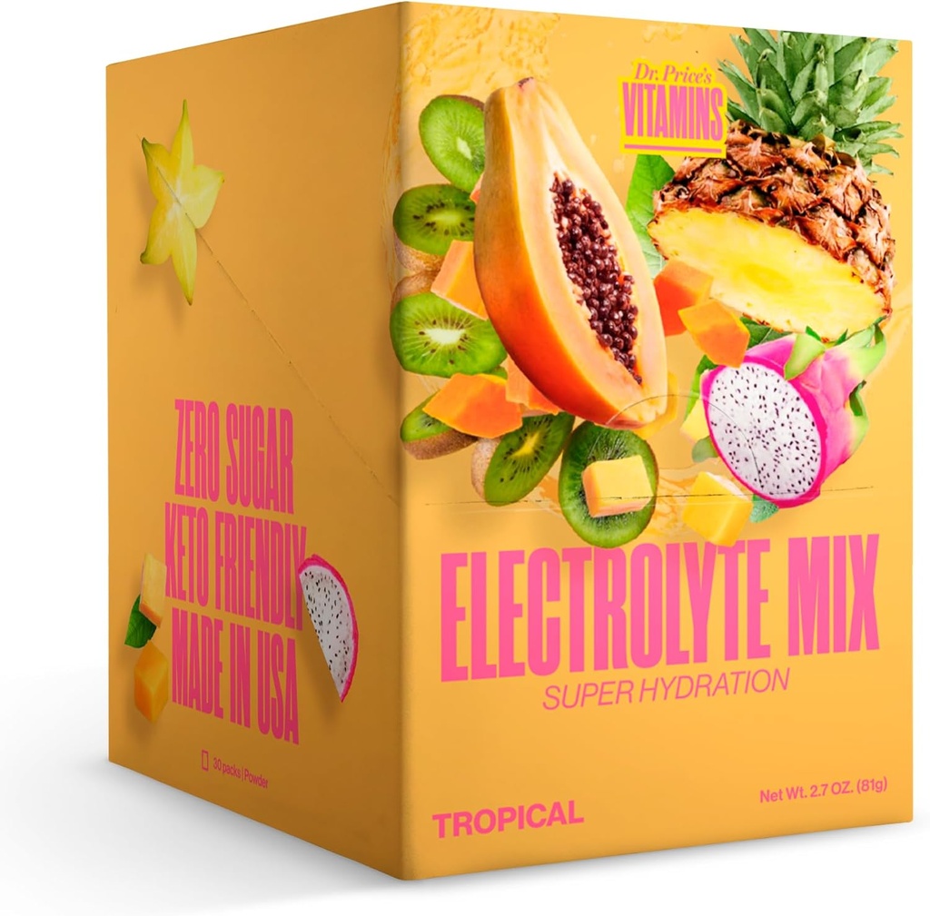 Dr. Price’s Electrolyte Mix | Sugar-Free Hydration Powder with 72+ Trace Minerals | No Sugar, Fast-Dissolving Electrolytes Powder Packets | Tropical (30 Packs)