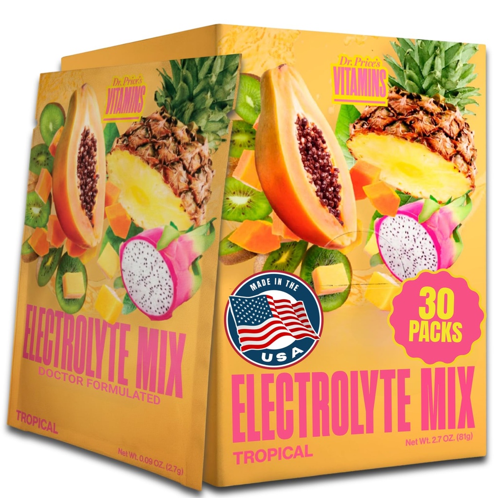 Dr. Price’s Electrolytes Hydration Powder Packets – Tropical, 30 Packs | Sugar Free Electrolyte Drink Mix, 72+ Trace Minerals, Manganese | Keto Electrolytes, Vegan, Doctor-Formulated, Made in USA