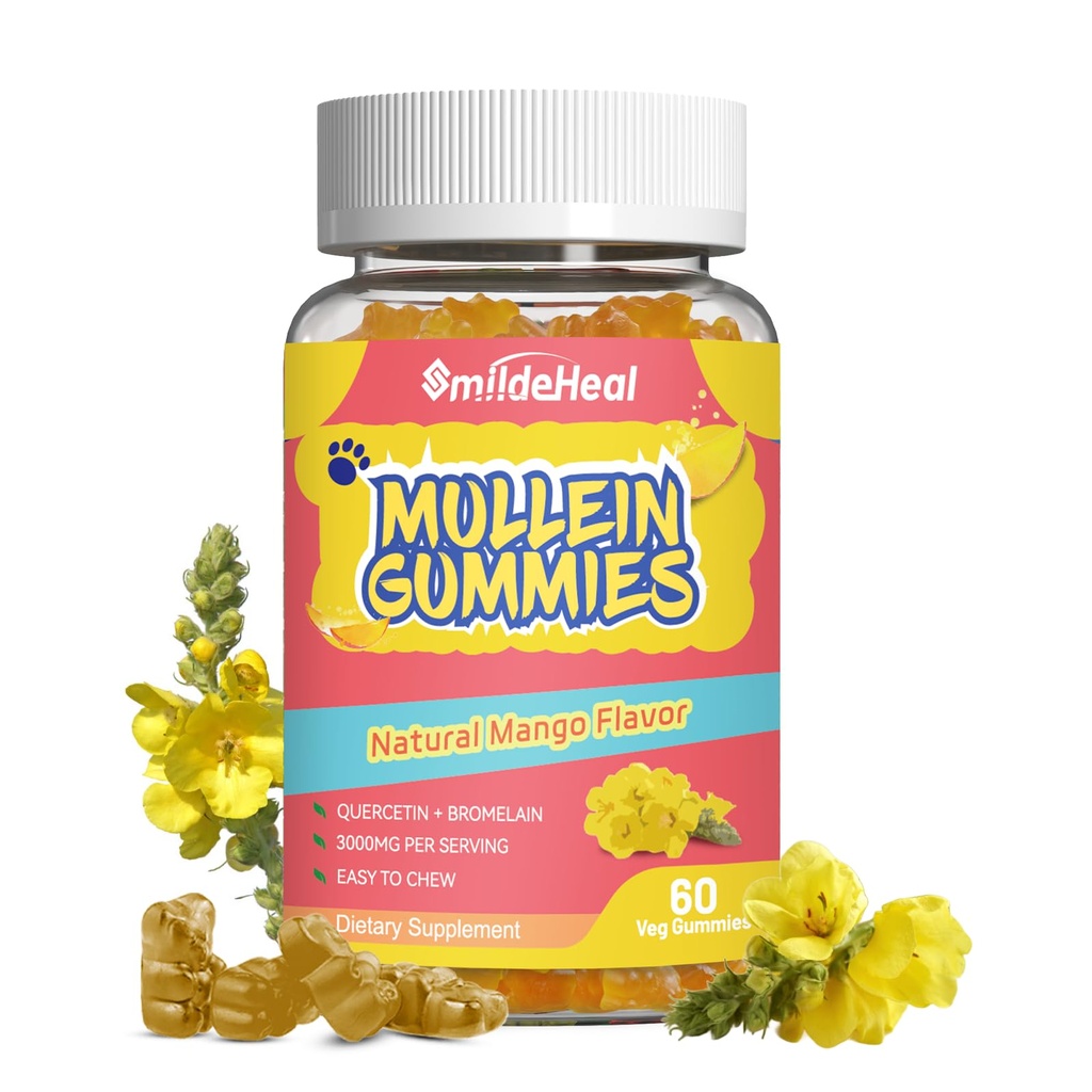 Mullein Gummies 3000MG, Sugar Free Mullein Gummies με Bromelain & Quercetin, Mullein Leaf Extract Συμπληρώματα για Πνεύμονες, Vegan, 60 Count