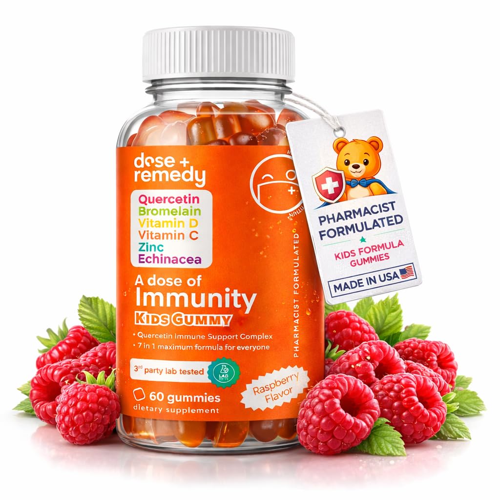 A Dose of Kids Immunity Support Gummies - Daily Immune Booster Supplement Quercetin Gummies for Children with Vitamin B Complex, Vitamin C, Zinc, Vitamin D, Quercetin Bromelain, Echinacea - 60 Count