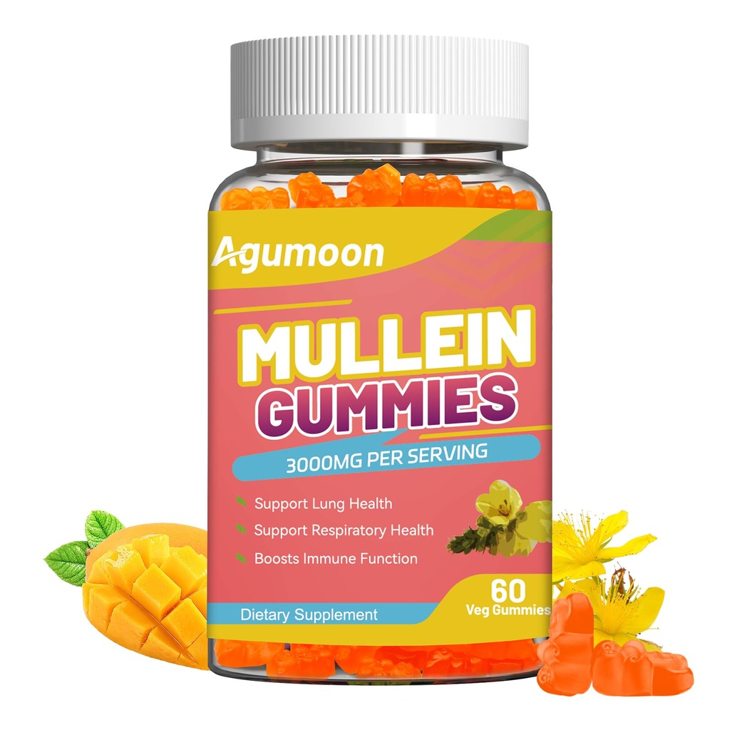 3000MG Mullein Gummies, Extra Strength Mullein Leaf Extract με Quercetin, Bromelain για Lung Detox & Immune Support, Mango Flavor, 60 Count