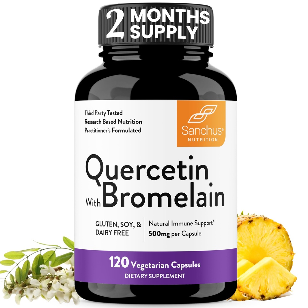 Quercetin with Bromelain Vegetarian Supplement Capsules | 120 Count (1000mg Per Serving 2400 GDU/g) | Supports Healthy Immune System, Helps With Seasonal Allergy Support | High Absorption Antioxidant