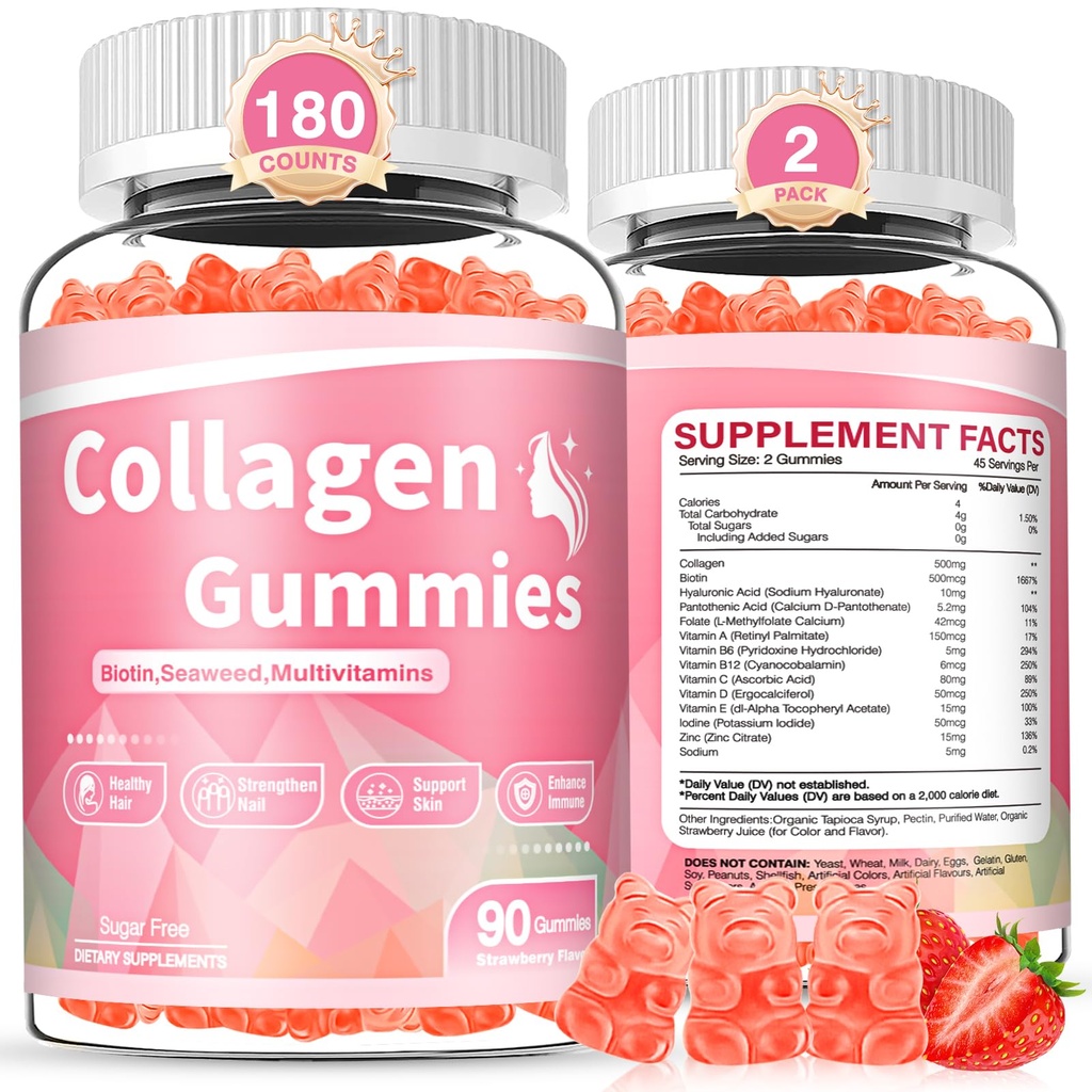 180 Count Collagen Gummies Collagen Protein Type I II III V X with Biotin Vitamin C A B D E Κερατίνης Υαλουρονικό οξύ για τα νύχια του δέρματος των μαλλιών Κοινή ανοσοποίηση Γυναίκες Άνδρες Ζάχαρη Δωρεάν Φράουλα