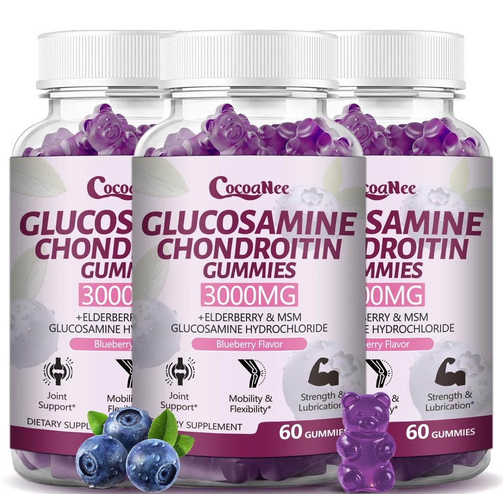 3 Packs 3000MG Glucosamine Chondroitin Gummies, Extra Strength Joint Support Supplement with MSM & Elderberry, Flexibility, Antioxidant Immune Support Gummy for Adults, Men & Women 180Cts