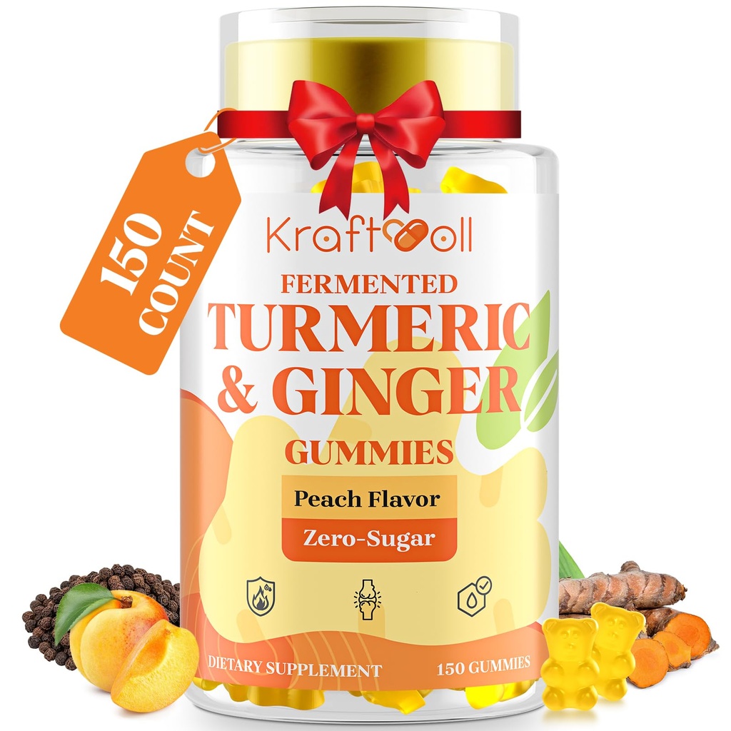 5 Μήνες προσφορά Turmeric και Ginger Gummies με μαύρο πιπέρι, ζύμωση κουρκουμά για κοινή άνεση και κινητικότητα, ζάχαρη-δωρεάν με βιταμίνη D3 + K2, φυσικό άρωμα Peach 150 Gummies