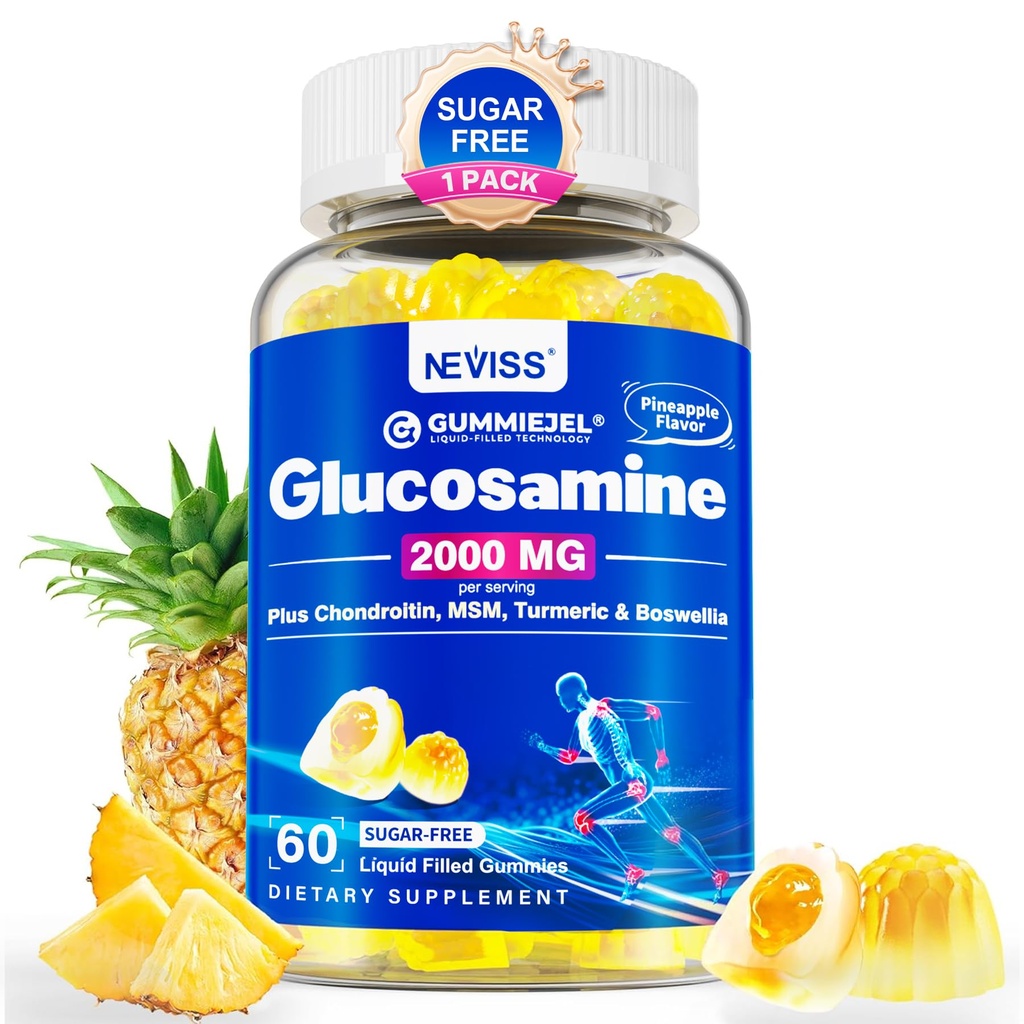 Sugar Free Glucosamine Chondroitin MSM Gummies - Max Strength Mobility Supplement for Women & Men w/ Glucosamine Sulfate 2000mg, Boswellia, Curcumin & Hyaluronic Acid - Flexibility Support - 60Cts
