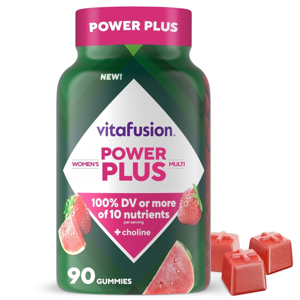 vitafusion Power Plus Women’s Multivitamin Gummies, 100% Daily Value or More of 10 Nutrients, Helps Support Nerve, Energy Metabolism, Bone & Immune Health, Strawberry & Watermelon Flavor, 90 Count
