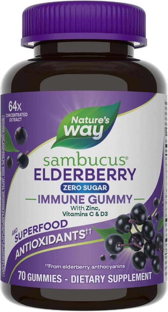 Nature's Way Sambucus Zero Sugar Immune Gummies, Καθημερινή Ανοσοποιητική Υποστήριξη*, Black Elderberry Extract, Βιταμίνη C, Βιταμίνη D3, Ψευδάργυρος, Χωρίς Ζάχαρη, Χωρίς Ζάχαρη Αλκοόλ, Με βάση φυτά γλυκαντικά, 70 Gummies