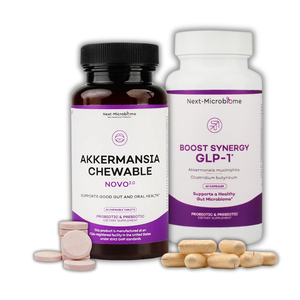 NEXT-MICROBIOME Akkermansia Muciniphila Probiotic Supplement 2 - Chewable & Capsule Duo for Gut and Oral Support, Digestive and Metabolic Wellness for Women & Men