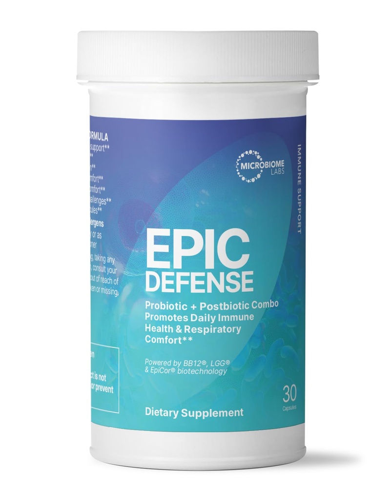 Microbiome Labs EpicDefense Probiotic + Postbiotic Combo - Immunobiotic Formula with LGG, BB-12 & Epicor - Daily Immune System Support - Respiratory Comfort - Gut Health Support (30 Capsules)