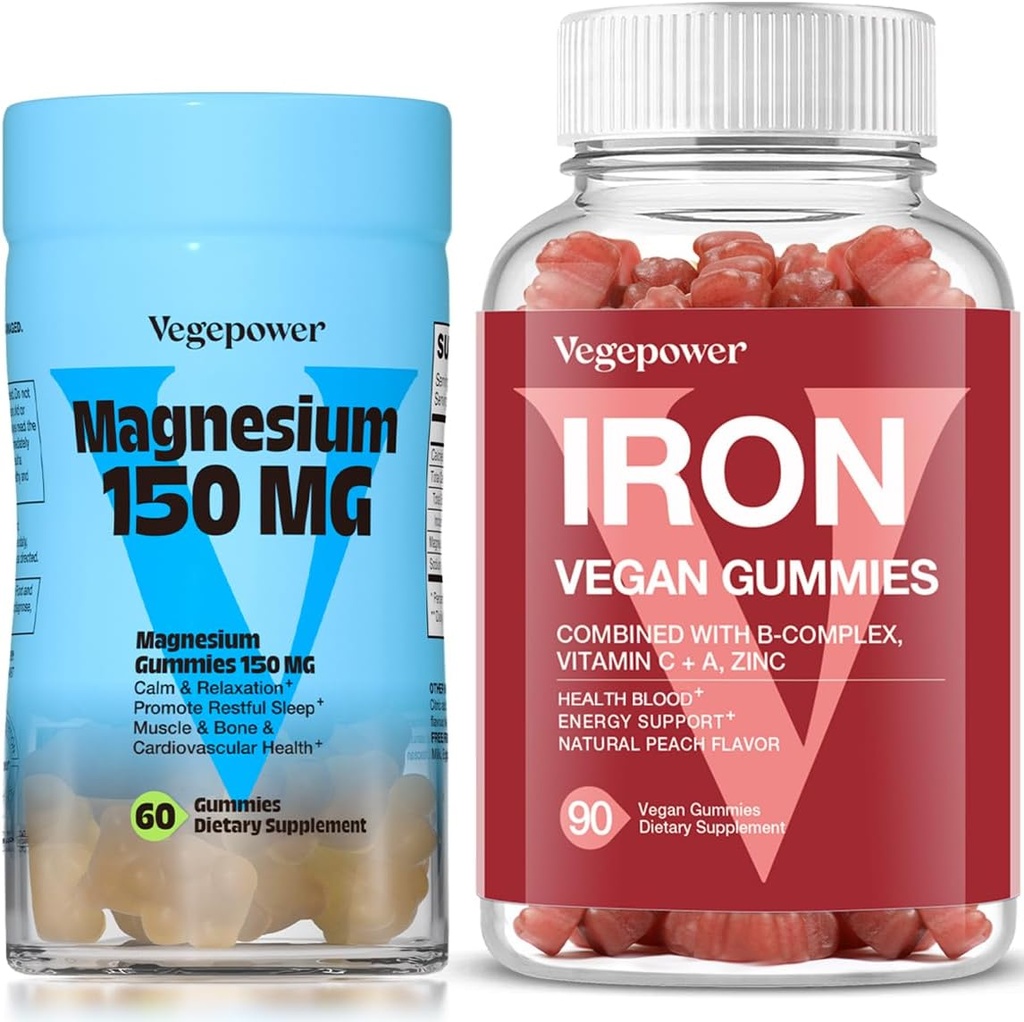 Vegan Iron Gummies + Magnesium Gummies | Iron Supplement Support Blood Healthy & Daily Energy for Adults & Kids | 150mg Calm Magnesium Citrate Gummies for Better Sleep, Relaxation