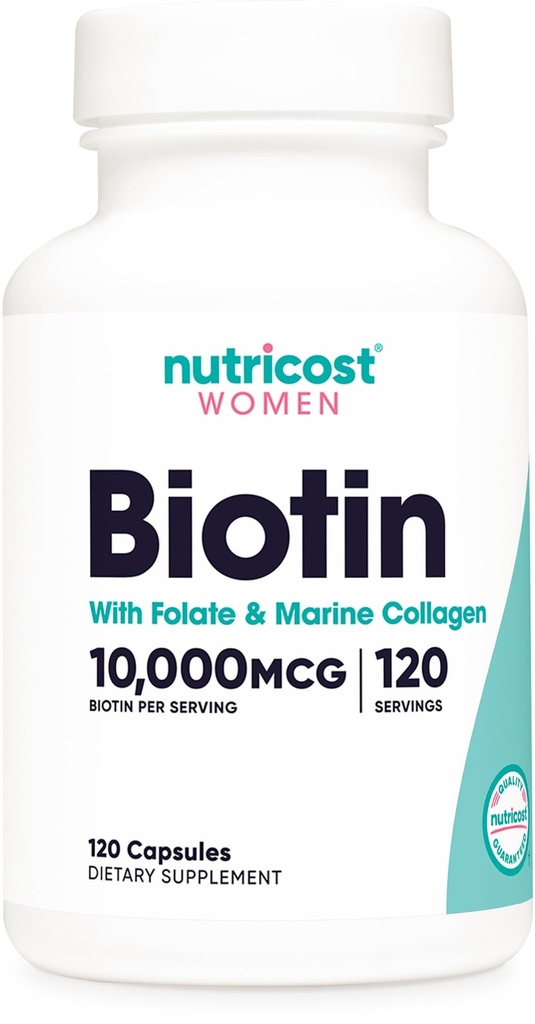 Nutricost Βιοτίνη για γυναίκες 10.000mcg 120 Κάψουλες - με Folate & Collagen, Gluten Free & Non-GMO
