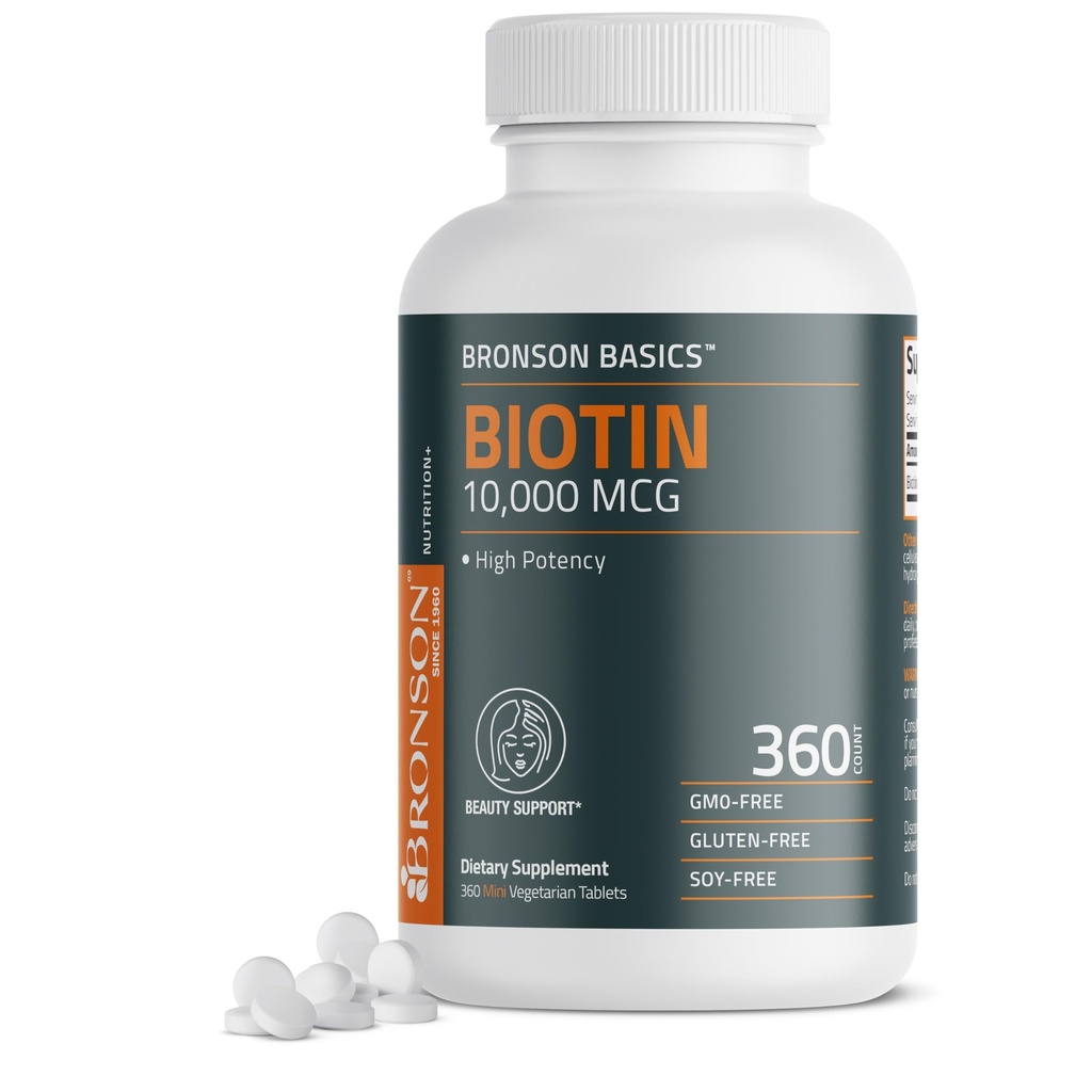 Bronson Biotin 10.000mcg, Υποστηρίζει υγιή μαλλιά, δέρμα και νύχια, χορτοφάγους, μη- ΓΤΟ, 360 δισκία