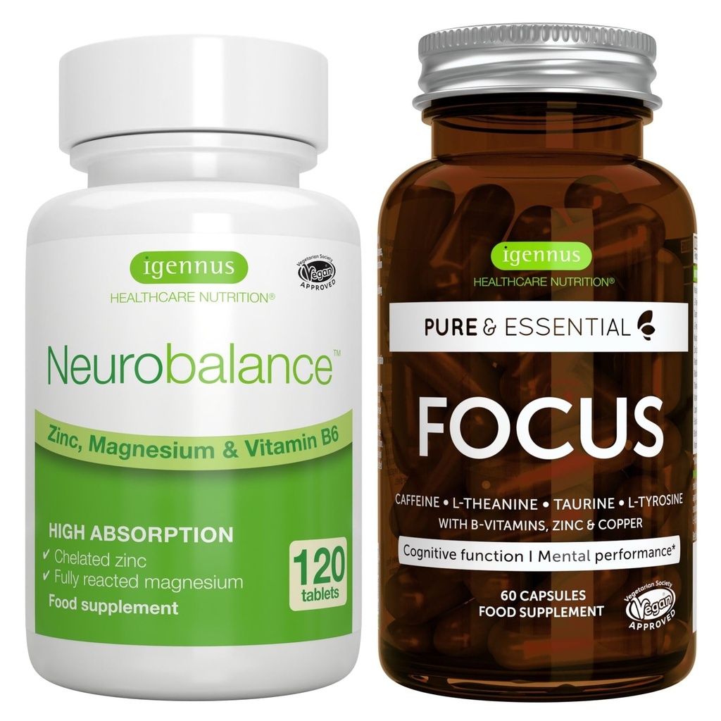 Neurobalance + Focus Brain Booster Vegan Bundle, High Absorption Zinc Magnesium & B6 + Caffeine, Amino Acids & Methylated B-Vitamins, by Igennus