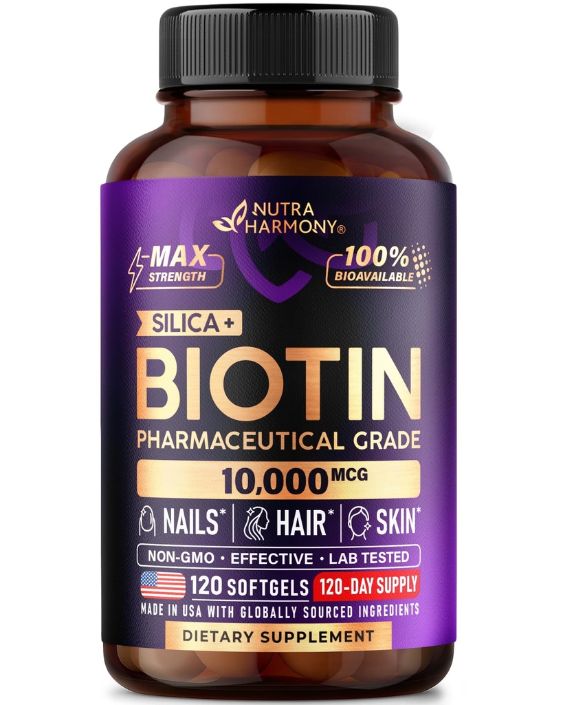 Biotin 10000mcg with Silicon - Pharmaceutical Grade Biotin Supplement for Women - Hair Growth Support, Skin & Nails - Max Strength & 100% Bioavailability - Made in USA - 120 Softgels, 120 Days Supply