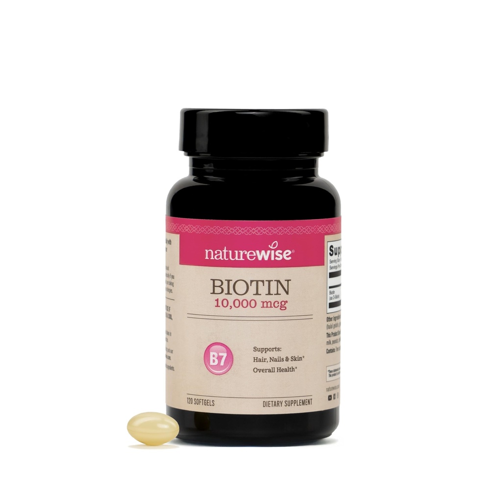 NatureWise High Potency Biotin 10.000 mcg Softgels - Βιοτίνη για την ανάπτυξη των μαλλιών γυναίκες & άνδρες + Skin & Nails Support - Μη ΓΤΟ, ΗΠΑ Κατασκευάζονται - 120 Softgels[120-Day Supply]