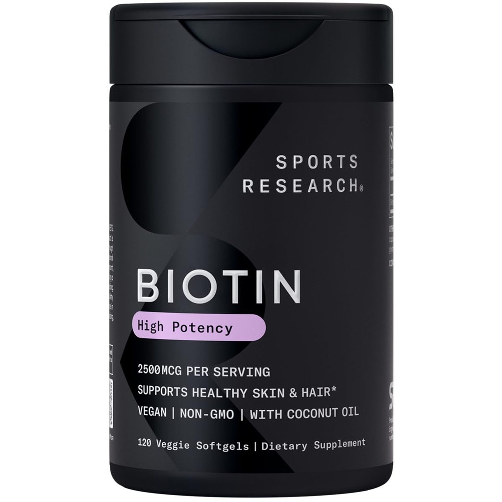 Sports Research® Biotin 2.500mcg με Βιολογικό Λάδι Καρύδας - Βιοτίνη (Vitamin B7) για Υγιή Δερμάτινο και Μαλλιά* - για γυναίκες και άνδρες - Vegan, μη Γλουτένη & Χωρίς Σόγια - 120 Veggie Softgels