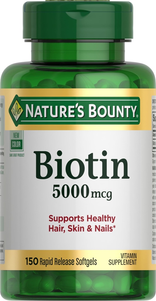 Βιοτίνη bounty της φύσης, υποστηρίζει το μεταβολισμό για κυτταρίτιδα ενέργεια και υγιή μαλλιά, δέρμα, και νύχια, 5000 mcg, 150 Softgels