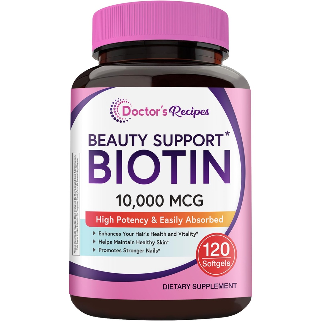 Doctor's Recipes Biotin 10,000mcg, High Potency Vitamin B7 for Hair, Skin & Nail Support, Non-GMO, Optimal Solutions Hair Vitamin with Biotin, for Women and Men, 120 Softgels