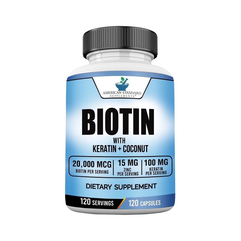 American Standard Συμπληρώματα Biotin 20.000mcg με κερατίνη, σκόνη καρύδας και ψευδαργύρου, συμπλήρωμα βιοτίνης για γυναίκες και άνδρες,120 κάψουλες Veggie, 120 Ημέρα προσφοράς