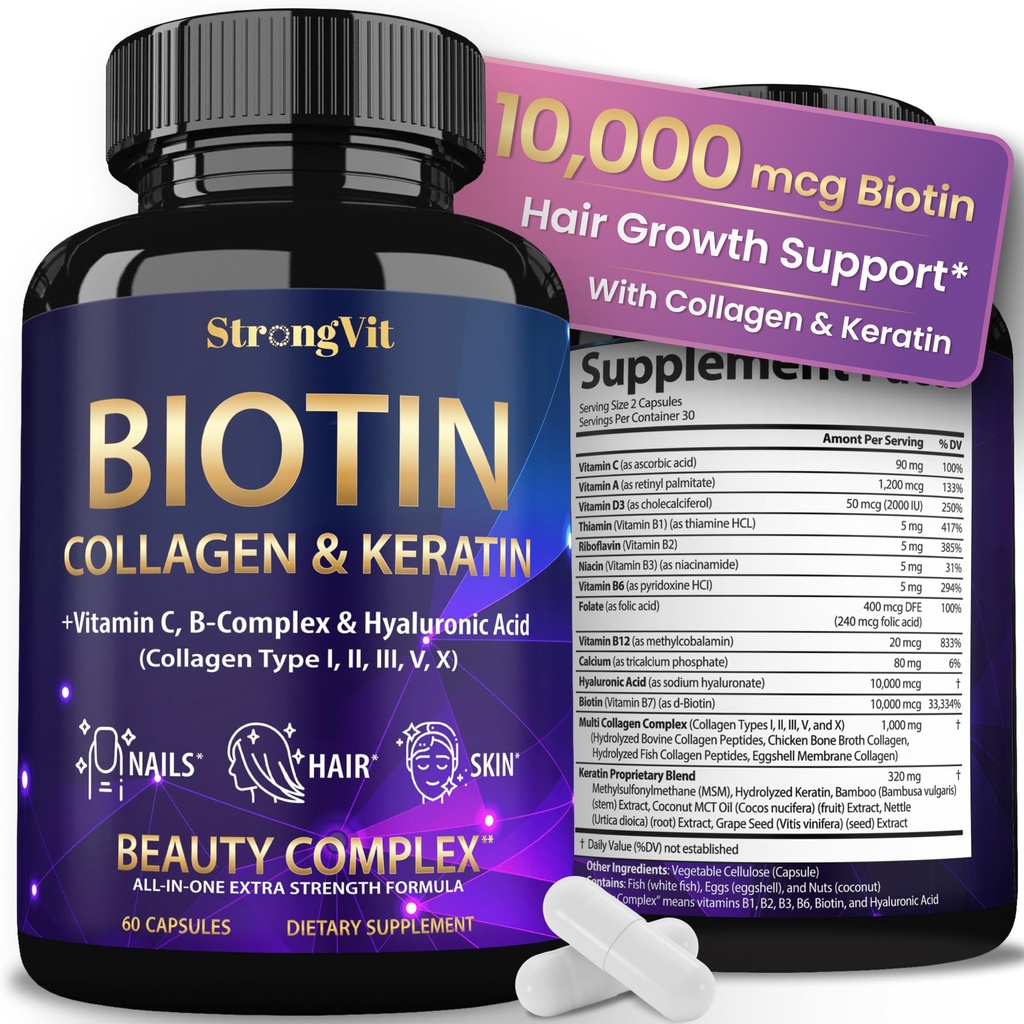 StrongVit Biotin με Υαλουρονικό οξύ, κερατίνη και κολλαγόνο Συμπληρώματα - 10000mcg για την ανάπτυξη των μαλλιών γυναίκες και άνδρες - δέρμα μαλλιών και τα νύχια Βιταμίνες - 60 κάψουλες