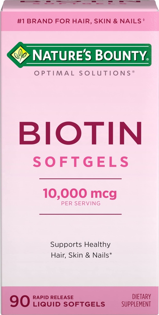 Nature's Bounty Biotin 10000mcg Συμπλήρωμα, Υποστηρίζει υγιή μαλλιά, δέρμα και νύχια, Βέλτιστες λύσεις Βιταμίνη μαλλιών με Biotin, 90 υγρά Softgels ταχείας απελευθέρωσης