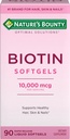 Nature's Bounty Biotin 10000mcg Συμπλήρωμα, Υποστηρίζει υγιή μαλλιά, δέρμα και νύχια, Βέλτιστες λύσεις Βιταμίνη μαλλιών με Biotin, 90 υγρά Softgels ταχείας απελευθέρωσης