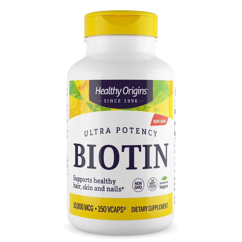 Healthy Origins Biotin 10,000 mcg (USP Grade, Non-GMO, Gluten Free, Hair Support, Nail Support), 150 Veggie Caps