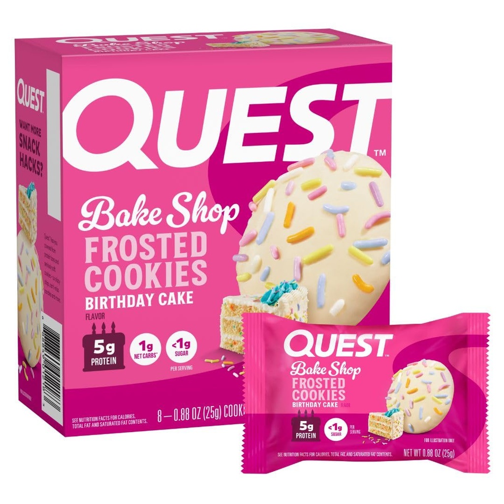 Quest Διατροφή παγωμένες πρωτεΐνες cookies, κέικ γενεθλίων, < 1g ζάχαρη, 5g πρωτεΐνη, 1g καθαρό υδατάνθρακες, χωρίς γλουτένη, 8 cookies