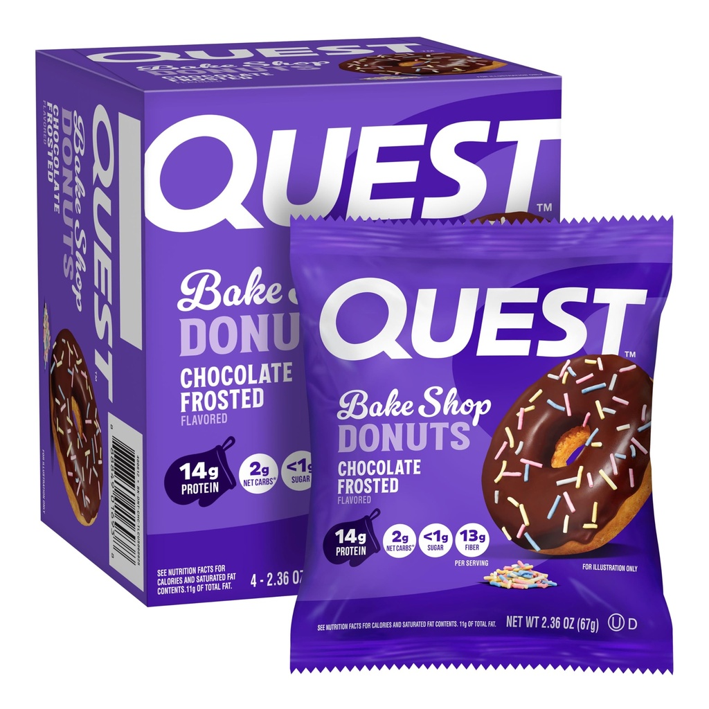 Quest Nutrition Bake Shop, Chocolate Frosted Donuts, 14g Protein, Less than 1g Sugar, Protein Snack, Low Sugar, 4 Count