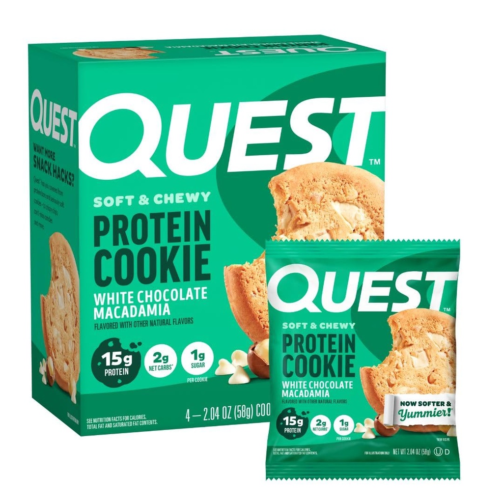 Quest Διατροφή Λευκή σοκολάτα Πρωτεΐνη Macadamia Cookie, 15g Πρωτεΐνη, 1g Ζάχαρη, 2g Καθαρά υδατάνθρακες, Κετό Φιλικό, Υψηλή Πρωτεΐνη, Χαμηλό Καρβίδιο; 4 κόμης