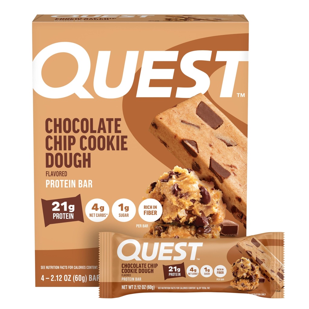 Quest Nutrition chip σοκολάτα Cookie Dough Protein Bars, 21g Protein, 4, Καθαρά υδατάνθρακες, 1g Ζάχαρη, Υψηλή Ίνες, Χωρίς γλουτένη, Κετό Φιλικό, 4 Count