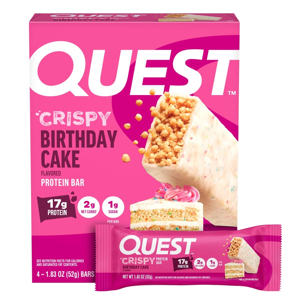 Quest Nutrition Crispy Birthday Cake Protein Bar, 17g Protein, 1g Sugar, 2g Net Carbs, Gluten Free Protein Snack, Keto Friendly, 4 Count