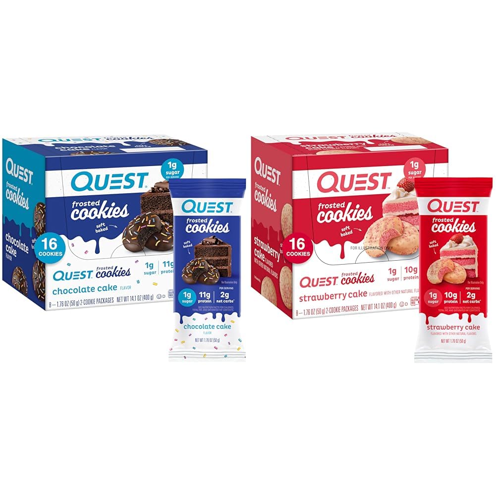 Quest Διατροφή παγωμένα Cookies Twin Pack Bundle, Σοκολάτα Κέικ 1g Ζάχαρη 11g Πρωτεΐνη 2g Καθαρό Carbs και κέικ φράουλας 1g Ζάχαρη 10g Πρωτεΐνη 2g Καθαρό Carbs, Χωρίς γλουτένη, 16 Cookies Ο καθένας
