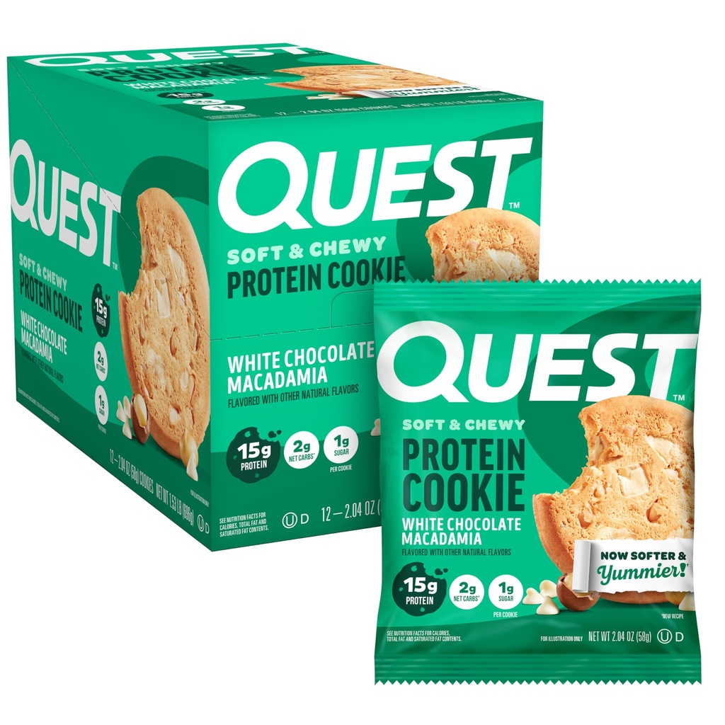 Quest Nutrition White Chocolate Macadamia Protein Cookie, 15g Protein, 1g Sugar, 2g Net Carbs, Keto Friendly, High Protein, Low Carb; 12 Count