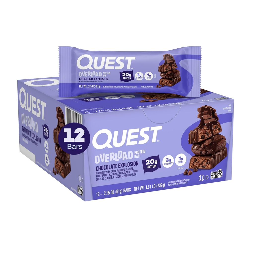 Quest Nutrition Overload Protein Bars, Chocolate Explosion, 20g Protein, 1g Sugar, 3g Net Carbs, Gluten Free, 12 Count