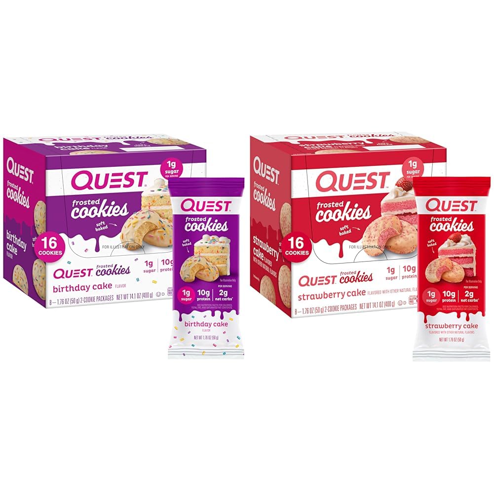 Quest Frosted Cookies Twin Pack με τούρτα γενεθλίων 1g ζάχαρη 10g πρωτεΐνη 2g καθαρό υδατάνθρακες Χωρίς γλουτένη 8 Count and Strawberry cake 1g ζάχαρη 10g πρωτεΐνη 2g καθαρό υδατάνθρακες Χωρίς γλουτένη 16 Cookies