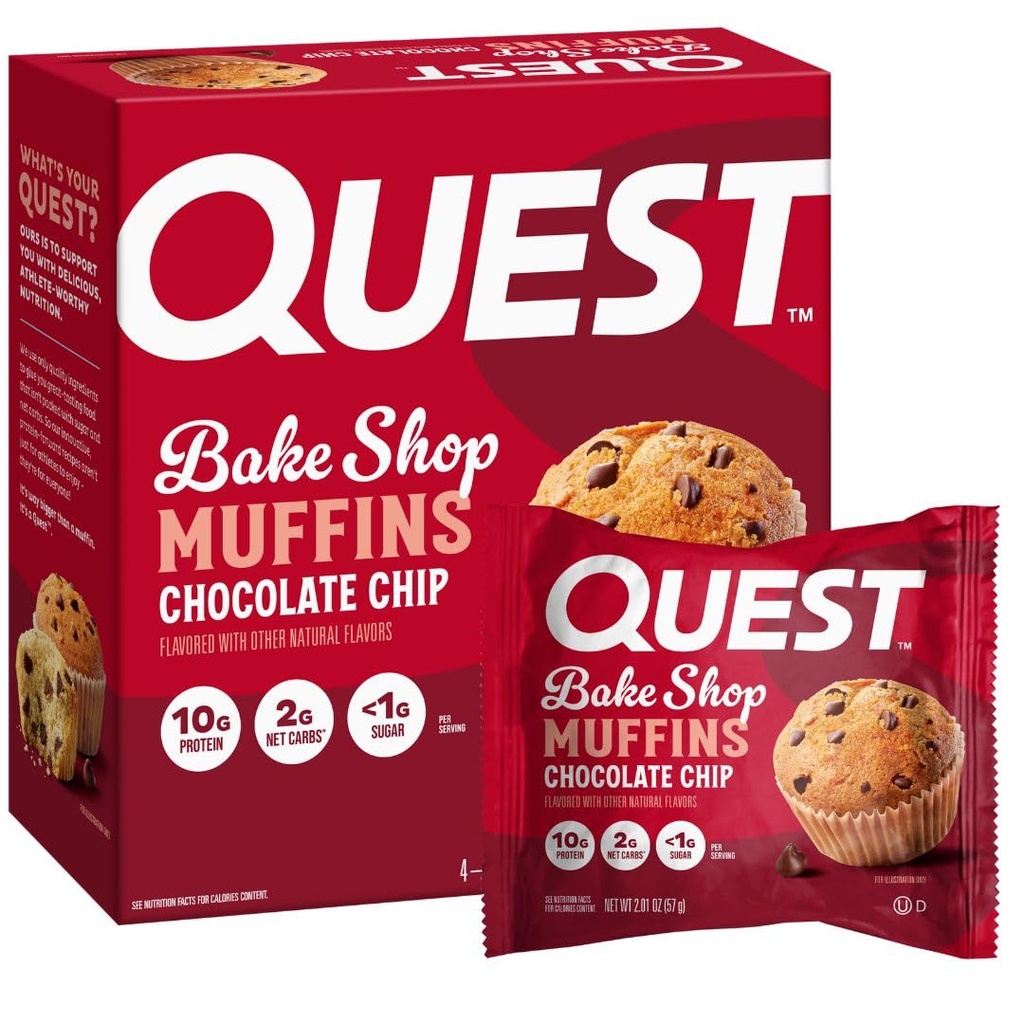 Quest Nutrition Chocolate Chip Muffin, 10g Protein, 2g Net Carb, Λιγότερο από 1g Ζάχαρη, Protein Snack, 4 Count
