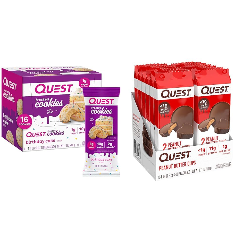 Quest Birthday Cake Frosted Cookies Twin Pack, 8 Count and Peanut Butter Cups, 12 Count