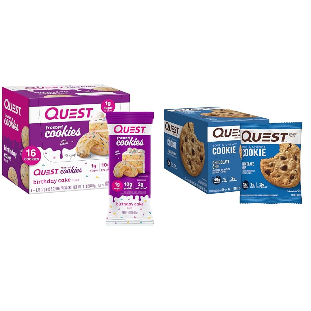 Quest Διατροφή παγωμένα Cookies Twin Pack Γενεθλιά κέικ 1g Ζάχαρη 10g Πρωτεΐνη 2g Καθαρά υδατάνθρακες Χωρίς γλουτένη 8 Count & Chocolate Chip Protein Cookie 12 Count