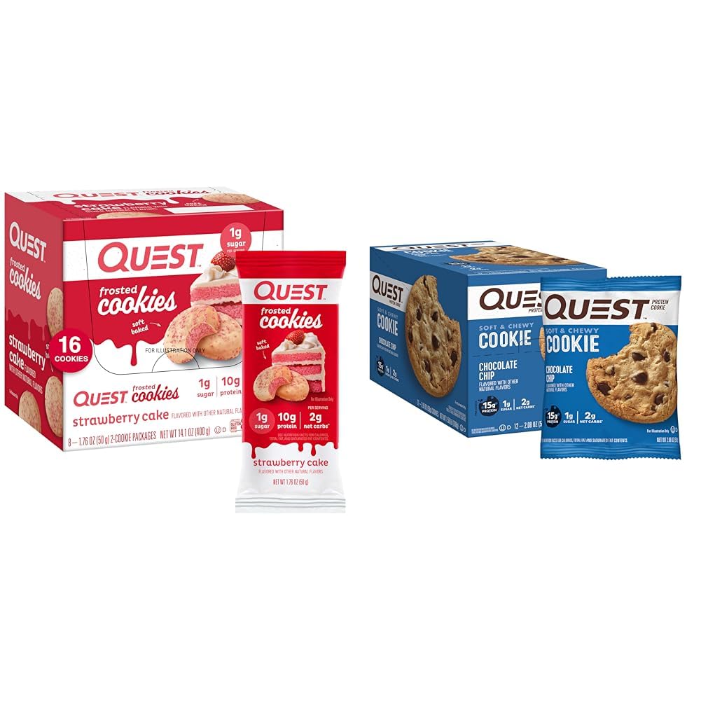 Quest Nutrition Frosted Strawberry Cake & Chocolate Chip Protein Cookie Bundle, 1g Sugar, 10g Protein, 2g Net Carbs, Gluten Free, 16 & 12 Count
